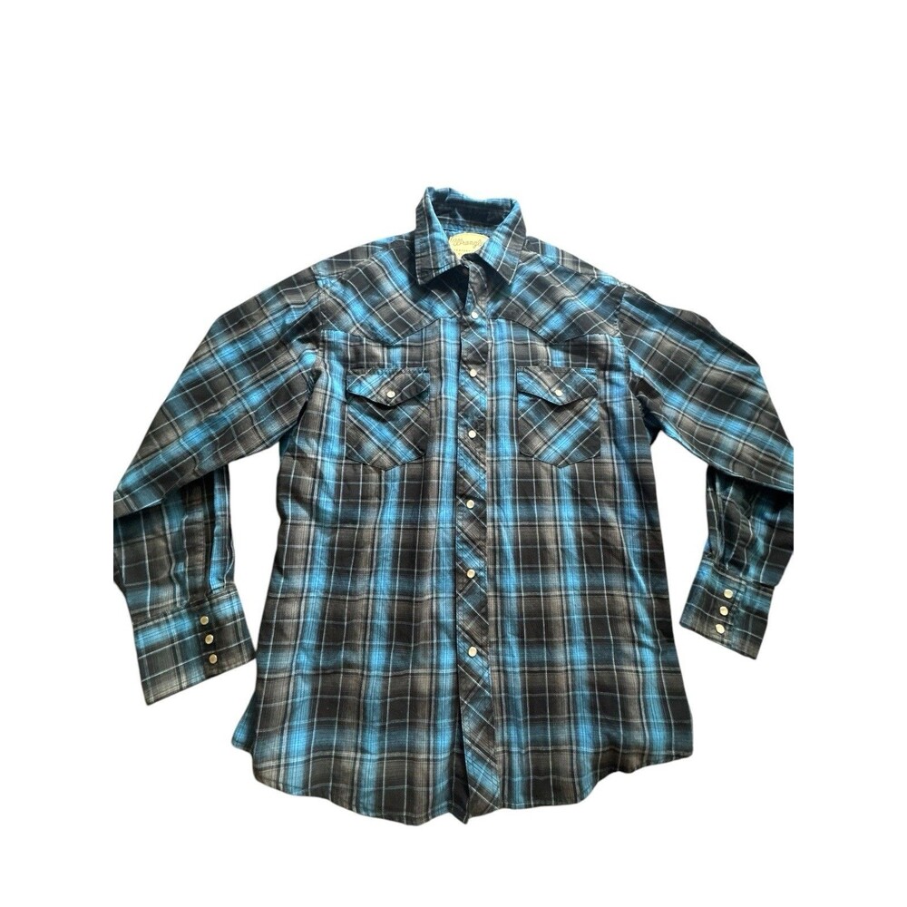 Wrangler men's Blue Black plaid‎ Large western shirt  pearl snaps Wrangler Retro